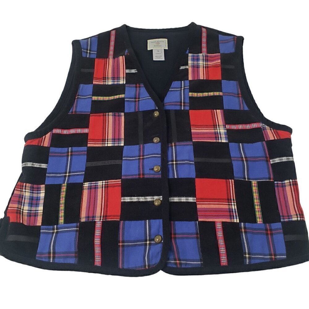 Vintage Susan Bristol Corduroy Patchwork Vest Button Front Black Womens Size XL